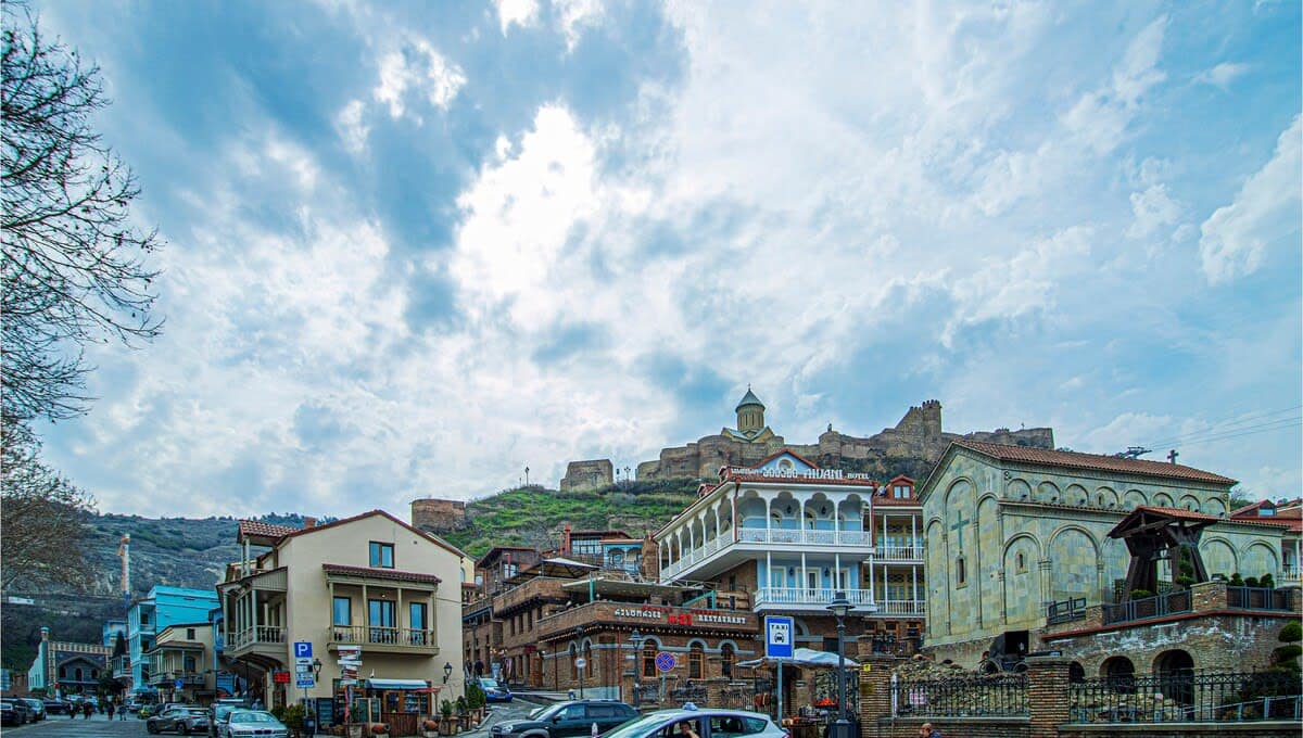 The historical area of Tbilisi is known for its unique balconies and vibrant exteriors.