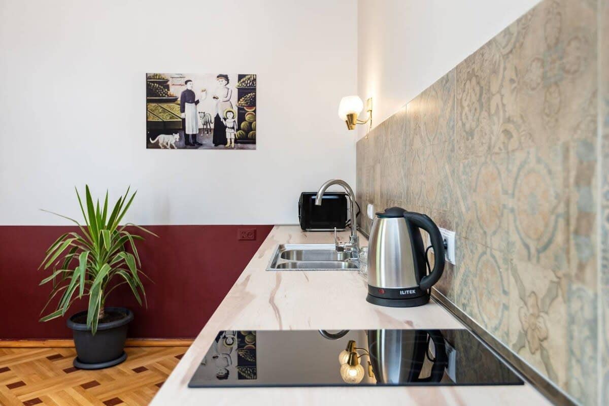 The kitchen is fully equipped and offers a kettle, microwave, electric stove, etc.