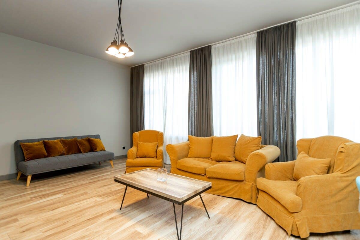 Large windows fill the room with natural light